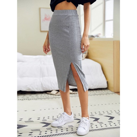 Slit Hem Rib knit Pencil Skirt midi business casual black - Picture 7 of 11
